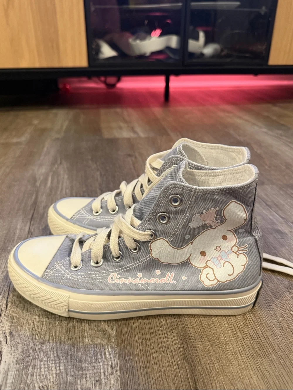 Canvas High-Top Sneakers in Light Gray with Character Print